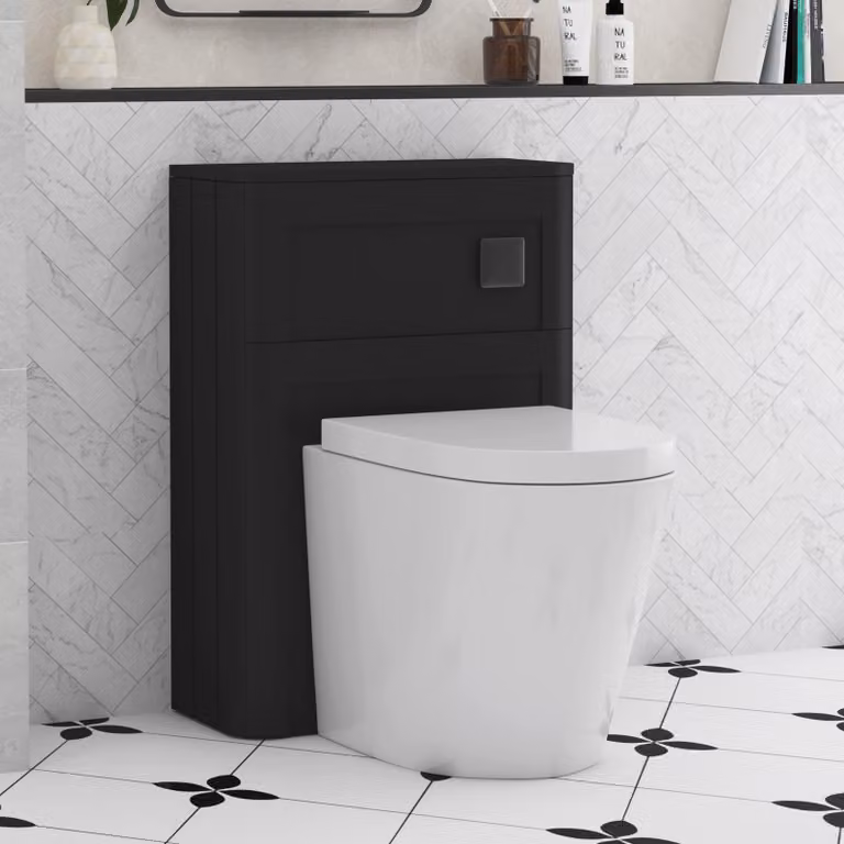 Royal Bathrooms Henley Wall Mounted WC Unit in Matt Nocturne Black with Cesar Rimless Ceramic Toilet Pan, Seat and Cistern, Width: 55 cm