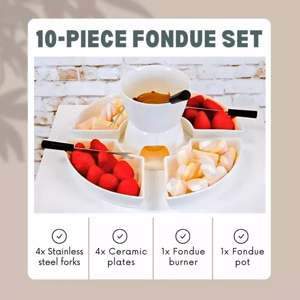 Marco Paul 10 Piece White Ceramic Chocolate Fondue Set with 4 Serving Bowls and 4 Forks – 3