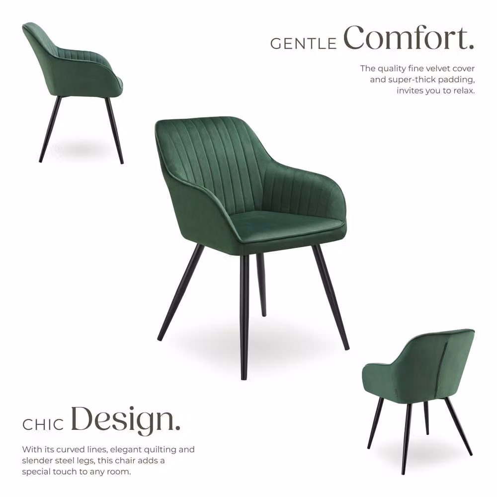 tectake Marilyn Set of 2 Modern Velvet Dining Chairs with Armrests in Dark Green and Black – 3