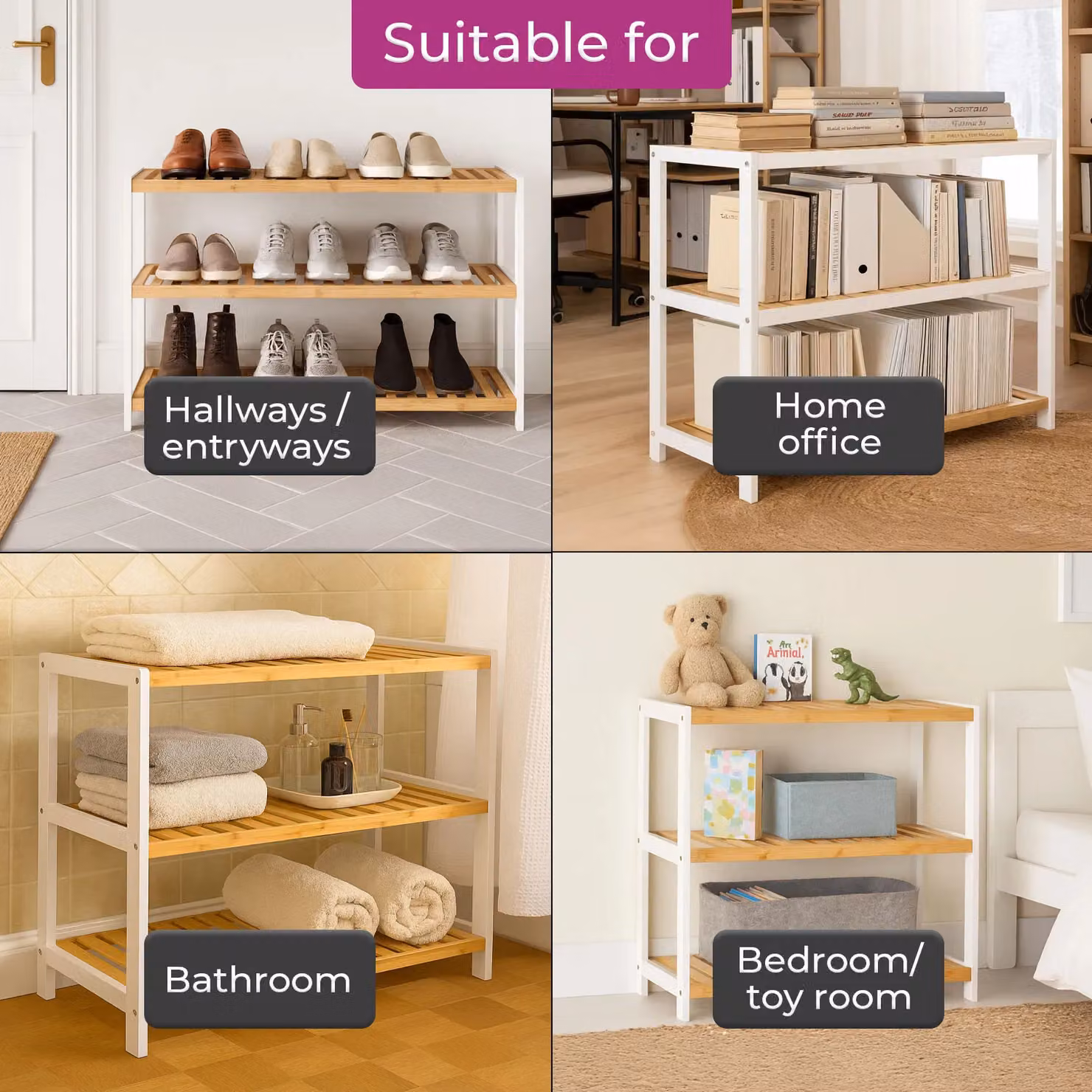 Neo 3 Tier Bamboo Wooden Shoe Rack in White – 4