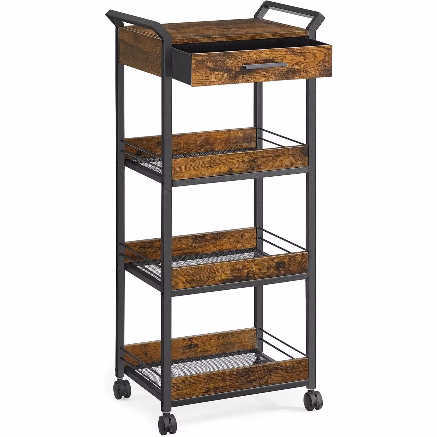 VASAGLE 4-Tier Rolling Storage Trolley Cart with Mesh Drawers and Lockable Castors in Brown – 5