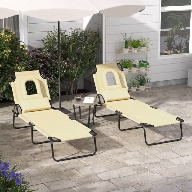 Outsunny Folding Sun Lounger with Pillow in Beige and Brown with Textilene Fabric and Powder Coated Steel Frame