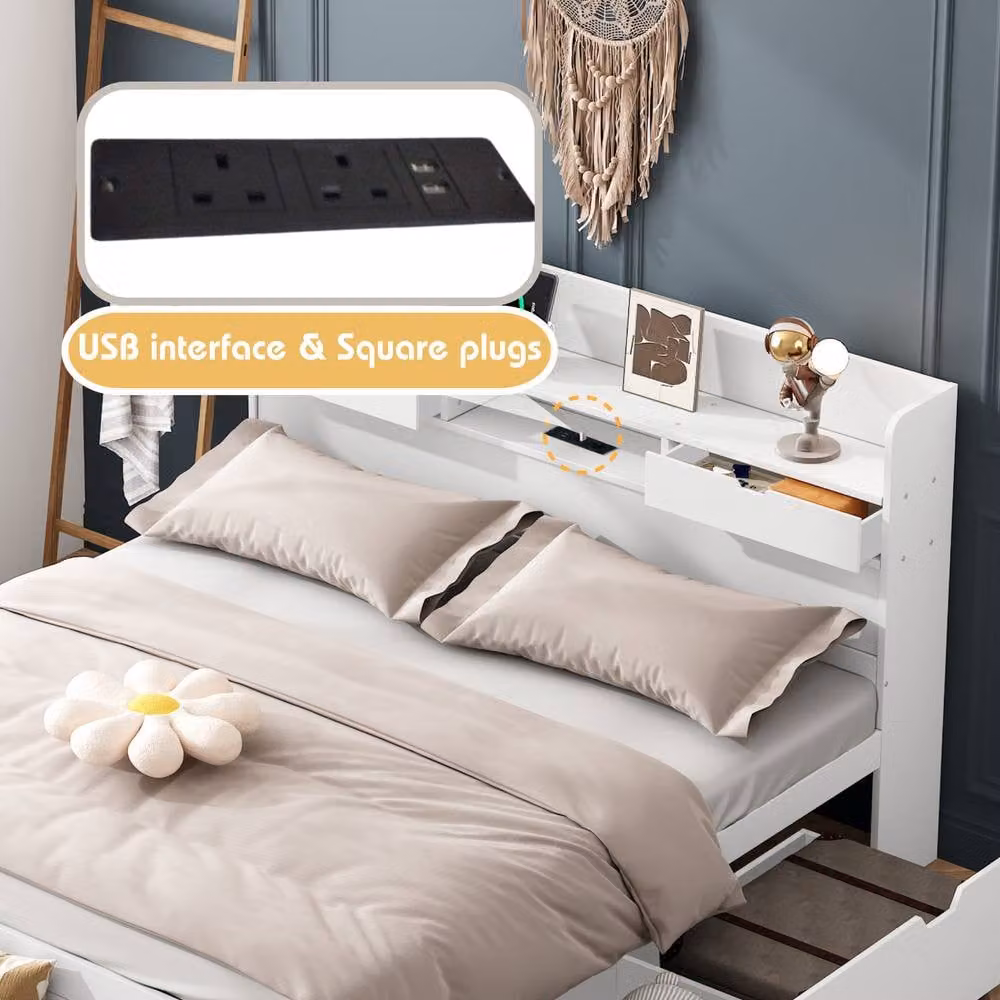 Matteo Childrens Multifunctional Single Daybed in White with USB Charging Port and Storage Drawers W/D/H: 90 x 190 cm – 4