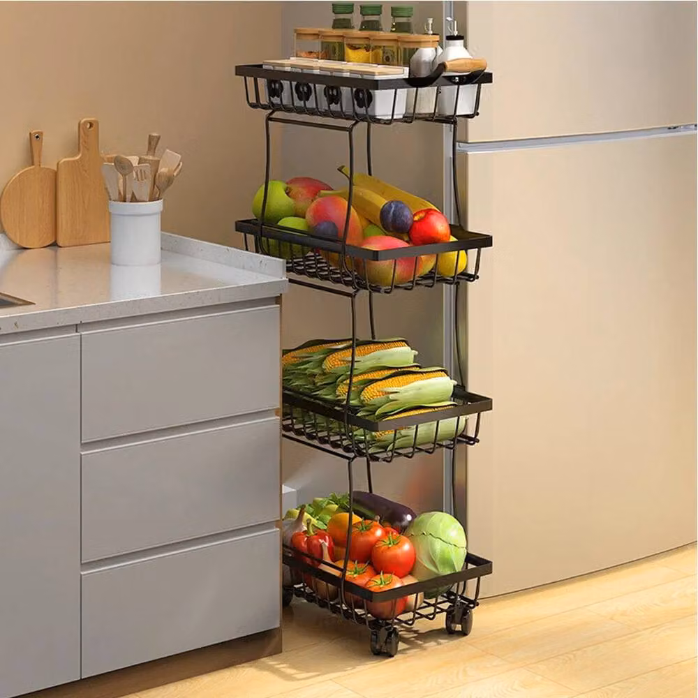 VOGREX Rolling Stackable Metal Wire Kitchen Storage Basket Rack in Black – 2
