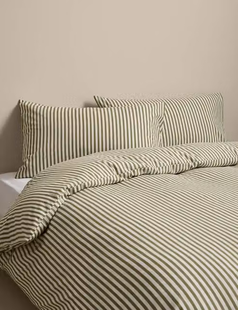 M&S Fern Green Striped Cotton Blend Bedding Set, 200 x 200 cm