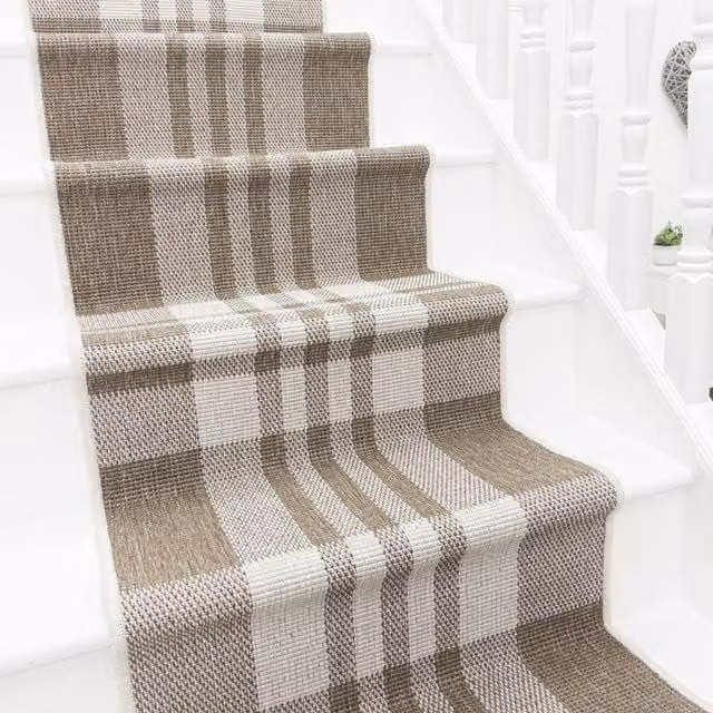 runrug Chequered Stair Runner Carpet in Beige, W: 60 cm, L: 720 cm – 1