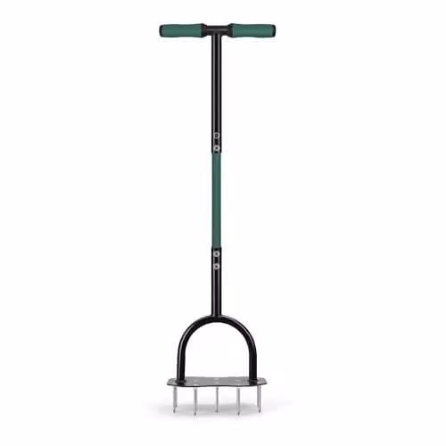 Garden Gear Heavy Duty Steel Lawn Aerator with Ergonomic Soft Grip T-Handle in Green and Black – 1