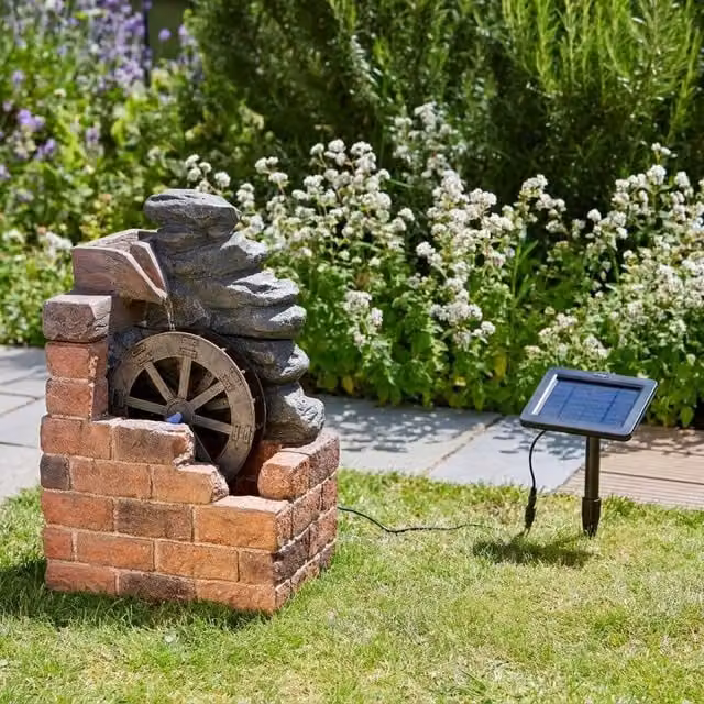 Garden Greatness Heywood Mill Solar Water Wheel Cascade Water Fountain in Brown and Multicolour