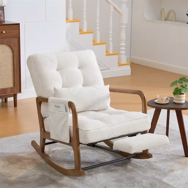 Direct Wicker Rocker Glider Chair with Footrest and Side Pocket, Light Beige Corduroy Upholstery