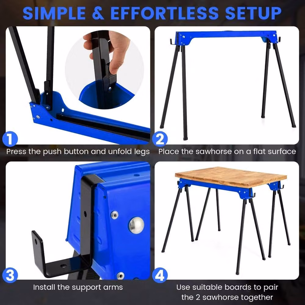 Havendro Blue Metal Compact Foldable Sawhorses, 2-Piece Set – 3