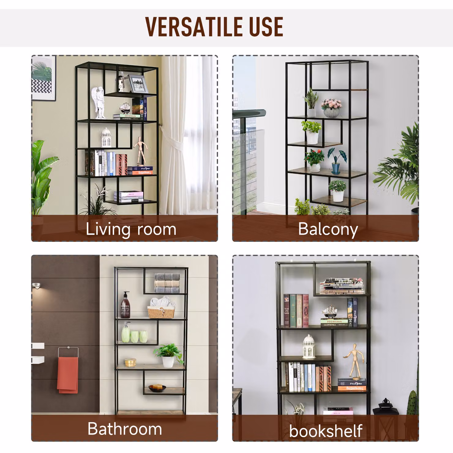 HOMCOM Industrial Style Wood and Metal Bookcase with 6 Staggered Shelves for Living Room Display and Organisation – 5