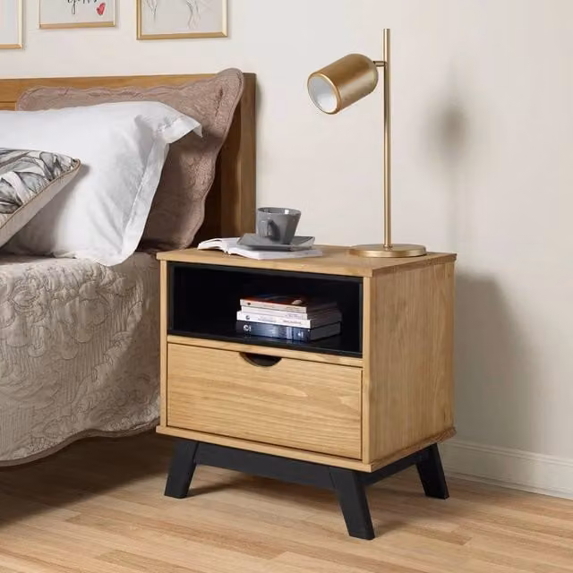 FORGEVIO Mercers Bedside Cabinet in Brown Antique Waxed Solid Pine