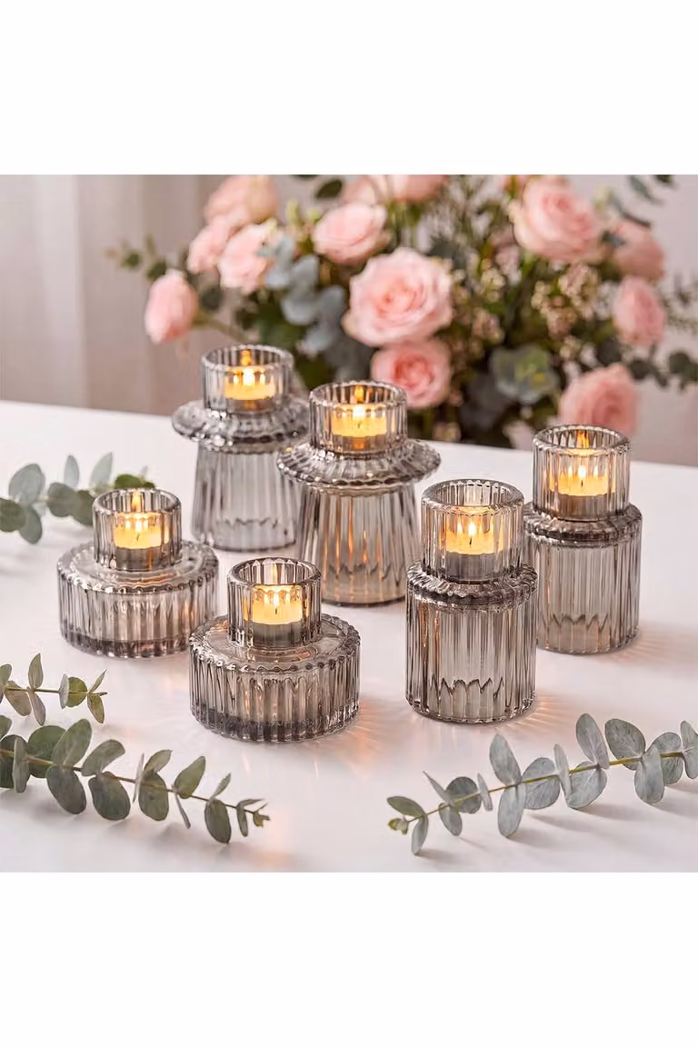 Living and Home Set of 6 Modern Black Glass Candle Holders for Taper and Tealight Candles