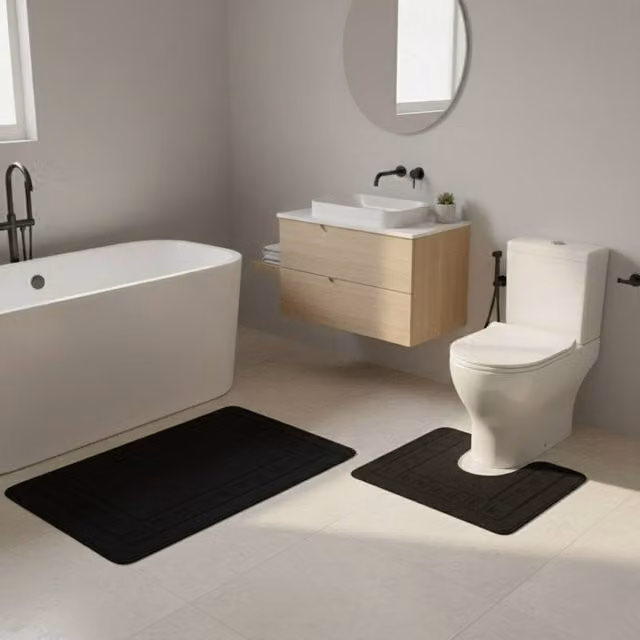 Snug City 2 Piece Box Design Bath Mat Set in Black, Non-Slip and Absorbent, W: 80 cm, D: 50 cm – 1