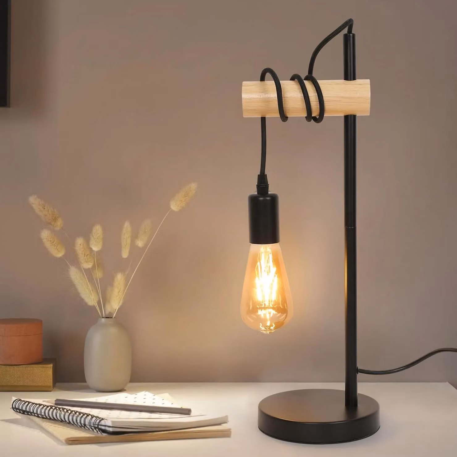 Pheashine Industrial Wood and Metal Table Lamp in Black with E27 Socket – 4
