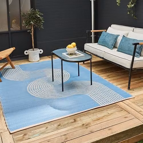 THE RUGS Urban Collection Reversible Outdoor Rug, Wave Design, Blue and Beige, W: 90 cm, L: 150 cm