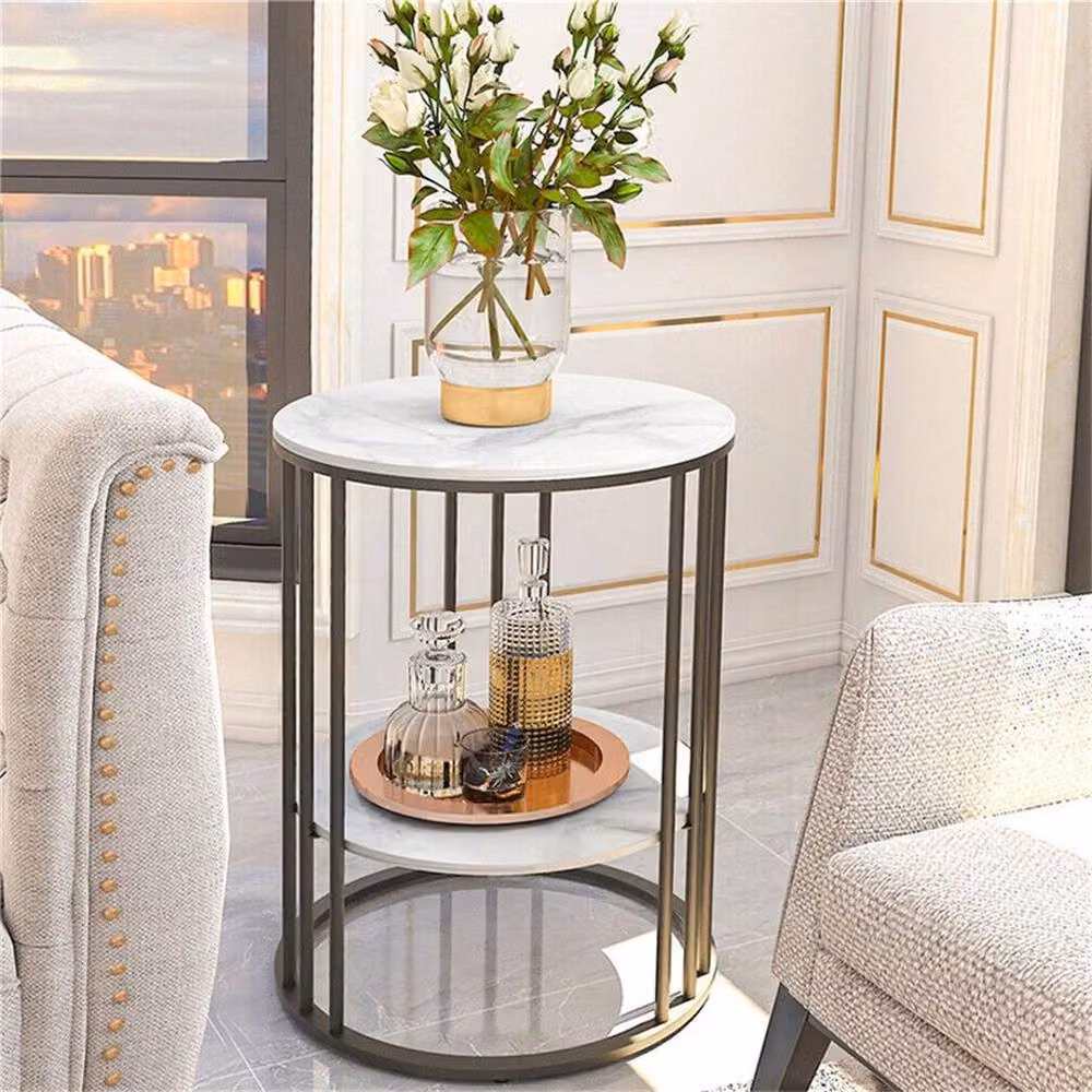 VOGREX Round Marble Side Table with Black Legs in White and Black – 4