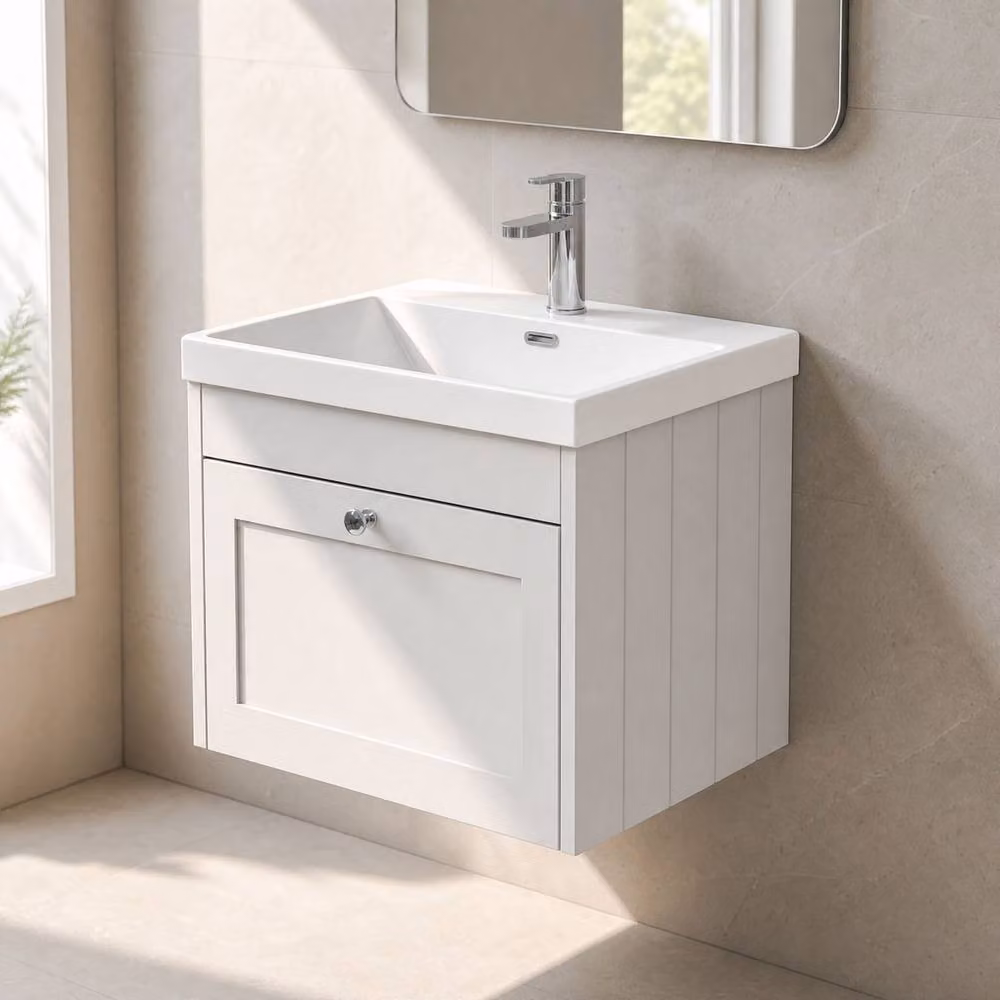 Balterley Modern Wall Hung Single Drawer Vanity Unit with Thin Edge Basin in Matt White, W: 60.0 cm, D: 45.3 cm, H: 43.1 cm – 2