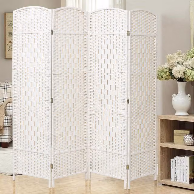 Livingandhome Rattan Folding Room Divider in White, H 170 cm x L 160 cm