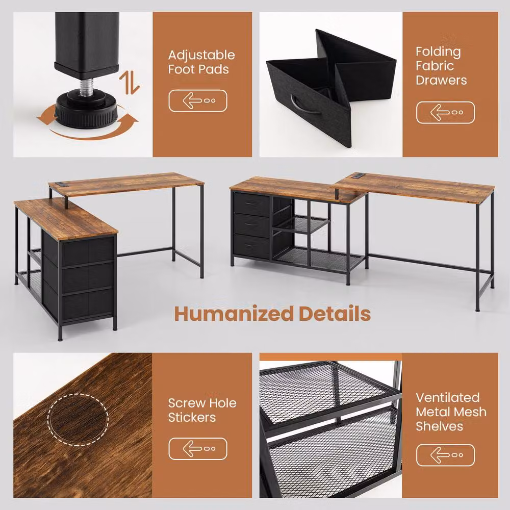 Costway L-Shaped Corner Computer Desk with Drawers in Brown – 8