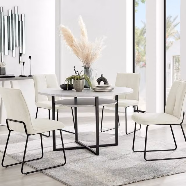 FurnitureboxUK Adley Grey Concrete Effect Round Dining Table and 4 Halley Fabric Chairs in Cream