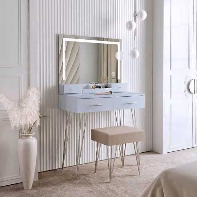 CARME HOME Sophia White Dressing Table with Touch Sensor LED Mirror in Grey