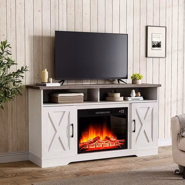 Livingandhome Modern White Recessed Electric Fireplace with TV Cabinet and Adjustable Flame