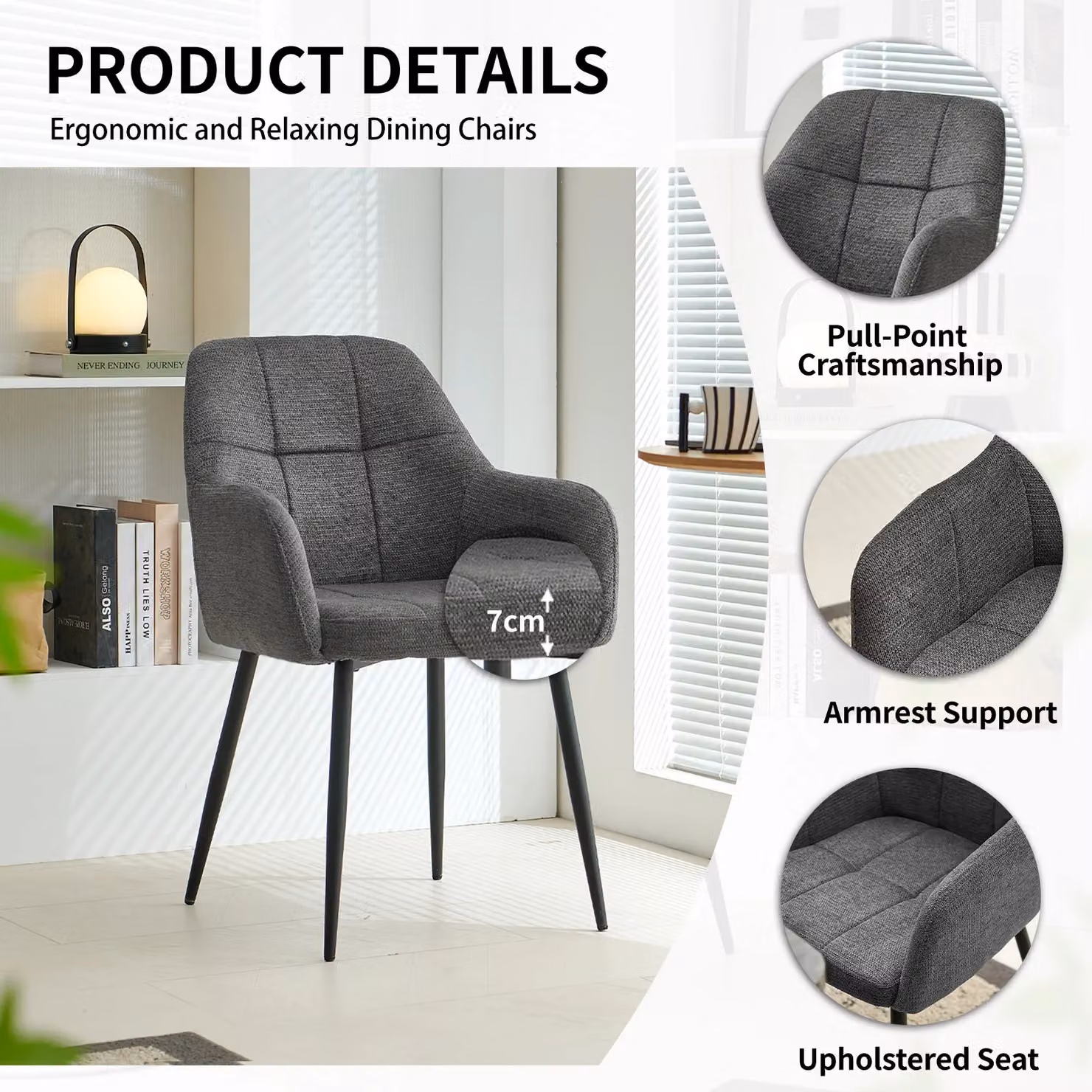 SONARA Modern Single Dining Chair in Grey Chenille Fabric – 3