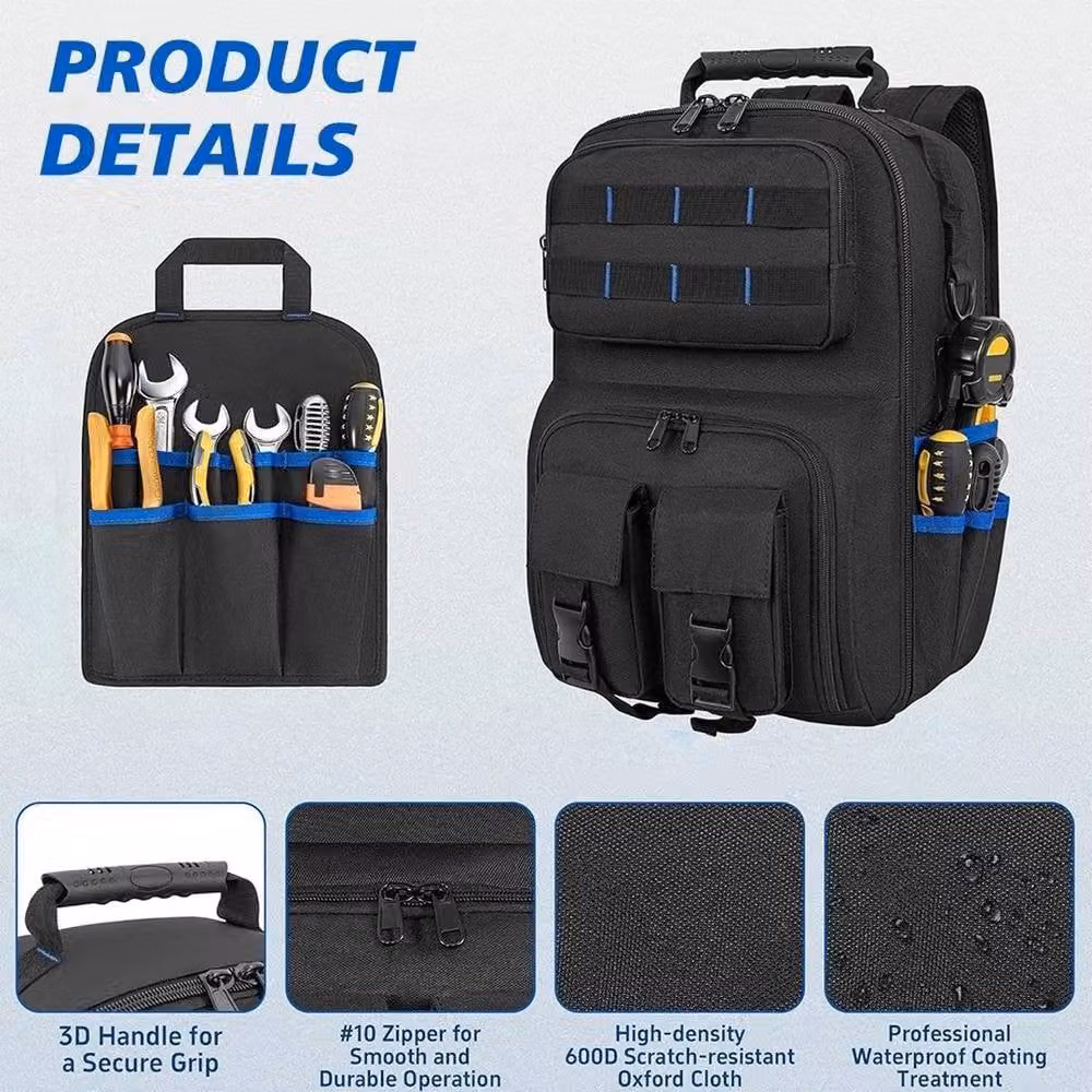 NESTLUNE Heavy Duty Professional Electrician Tool Backpack, Black, W/D/H: 100 x 40 x 20.3 cm – 4