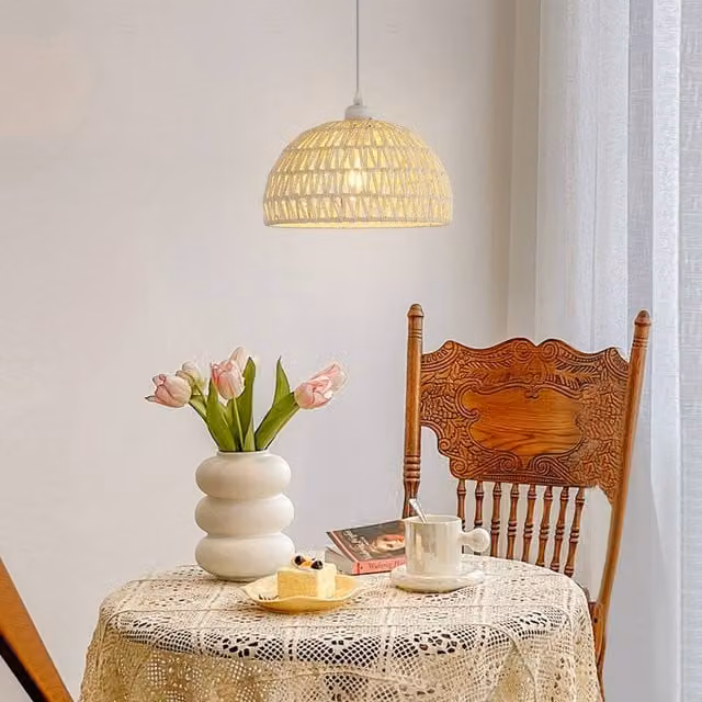 Pheashine Beige Rattan Woven Pendant Light with Adjustable Cord and Bulb Included, E27, Height: 130 cm – 1
