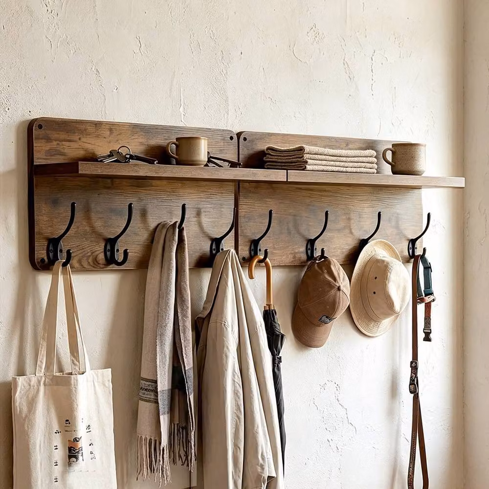 Ventryn 2 Piece Set of Rustic Brown Wooden Wall Mounted Coat Racks with 8 Heavy Duty Hooks – 5
