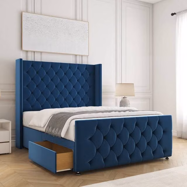 BSSPOKE Florida Small Double Divan Bed with Mattress and 2 Drawers in Blue Velvet
