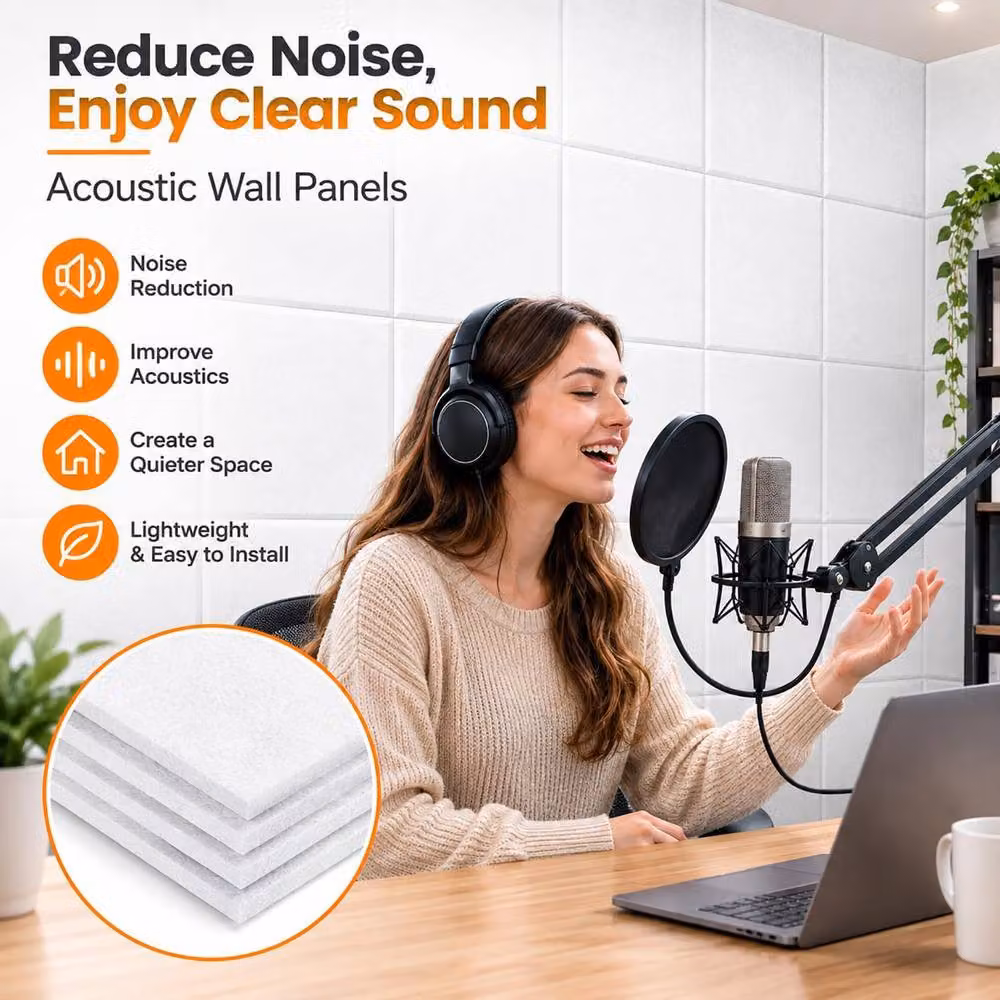 ATEK 12 Pack Self-adhesive Square Acoustic Sound Proofing Felt Wall Panels in White – 3