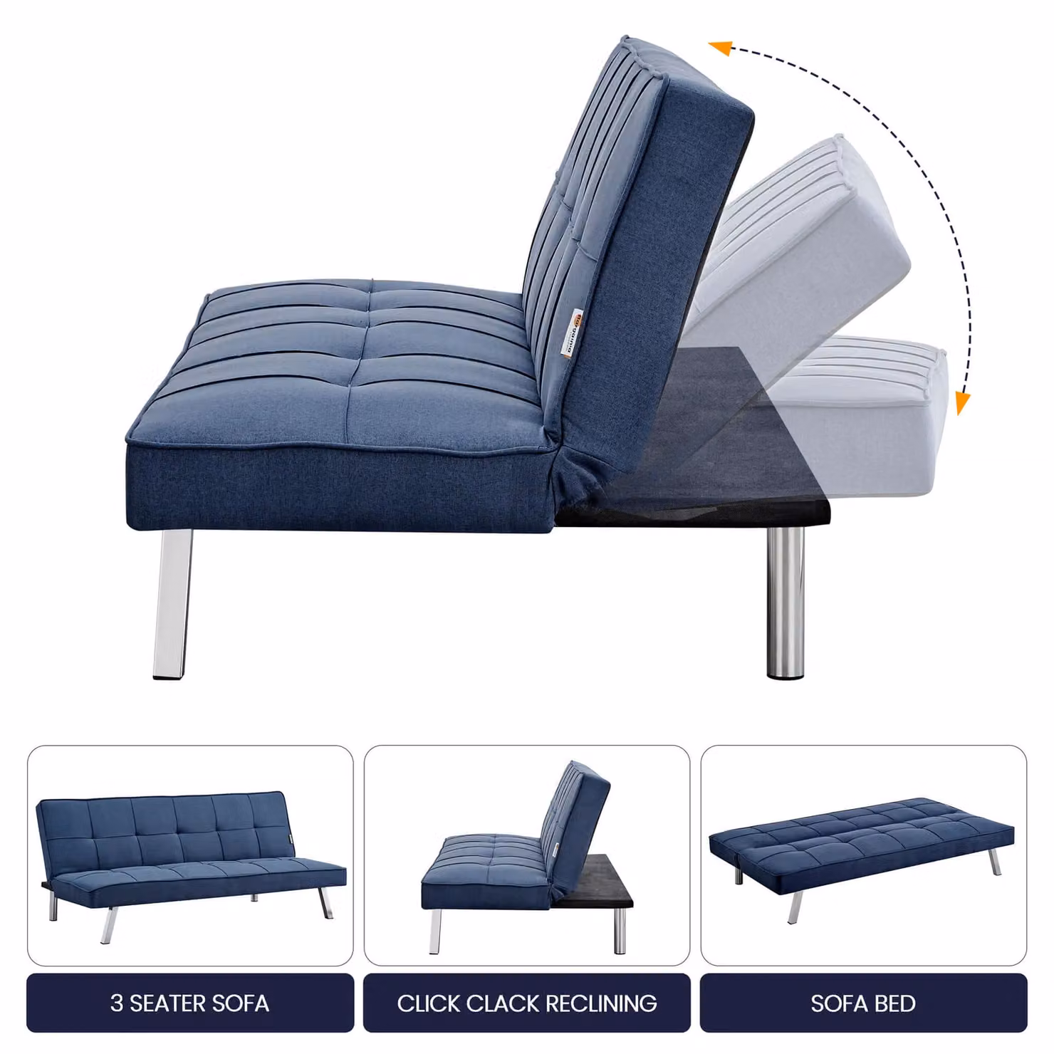 Bravich LTD 3 Seater Click Clack Fabric Sofa Bed in Blue – 2