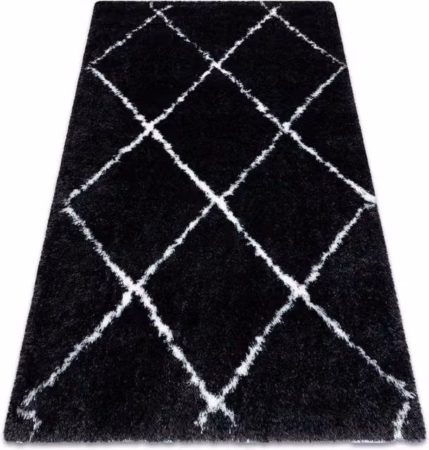 RugsX Fluffy Rectangular Diamond Pattern Rug in Grey and Black, W/D/H: 140 x 190 cm