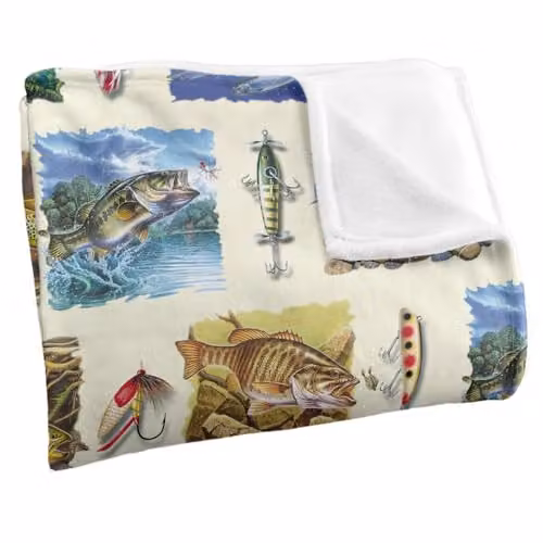 JQ Licensing Fish Paintings and Fishing Lures Pattern Super Soft Fleece Throw Blanket, W/D/H: 152 x 127 cm, White and Multicolour – 2