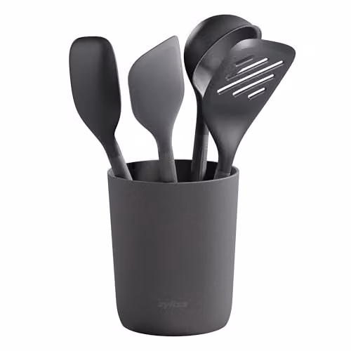 Zyliss 5-Piece Heat Resistant Silicone Kitchen Utensil Set with Holder in Grey – 1