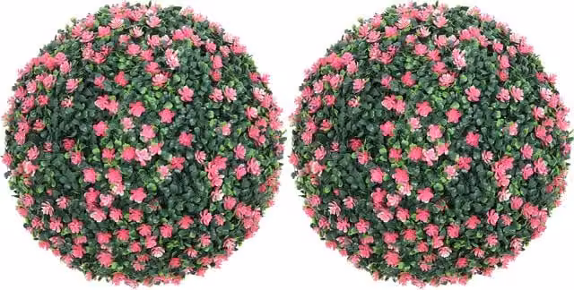 HOMCOM Set of Two Pink and Green Artificial Round Boxwood Hanging Plants – 1
