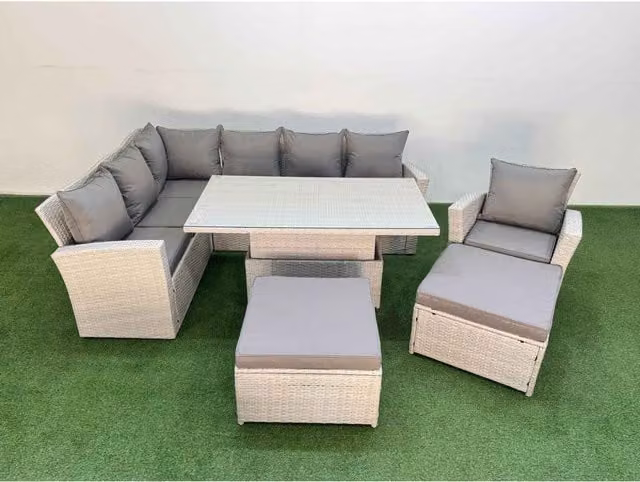 Fimous 9-Seat Rattan Corner Sofa Set in Light Grey with Lift Table and 2 Ottomans