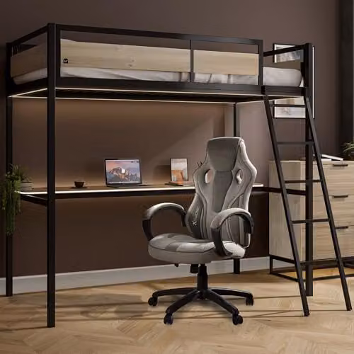 X Rocker Denver 3ft Single High Sleeper Bunk Bed with App Controlled LED Lights, Gaming Desk, PC Storage Shelf and Wireless Charging in Oak and Black, W/D/H: 190 x 90 x 183 cm