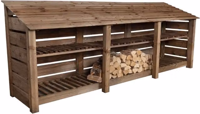 Arbor Garden Solutions Slatted Triple Bay Wooden Log Store with Kindling Shelf, Brown, Width: 126 cm