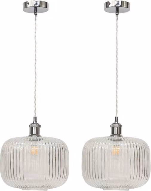 First Choice Lighting Batley Large Retro Pendant Lights, Set of 2, Clear Ribbed Glass and Chrome, Height Adjustable