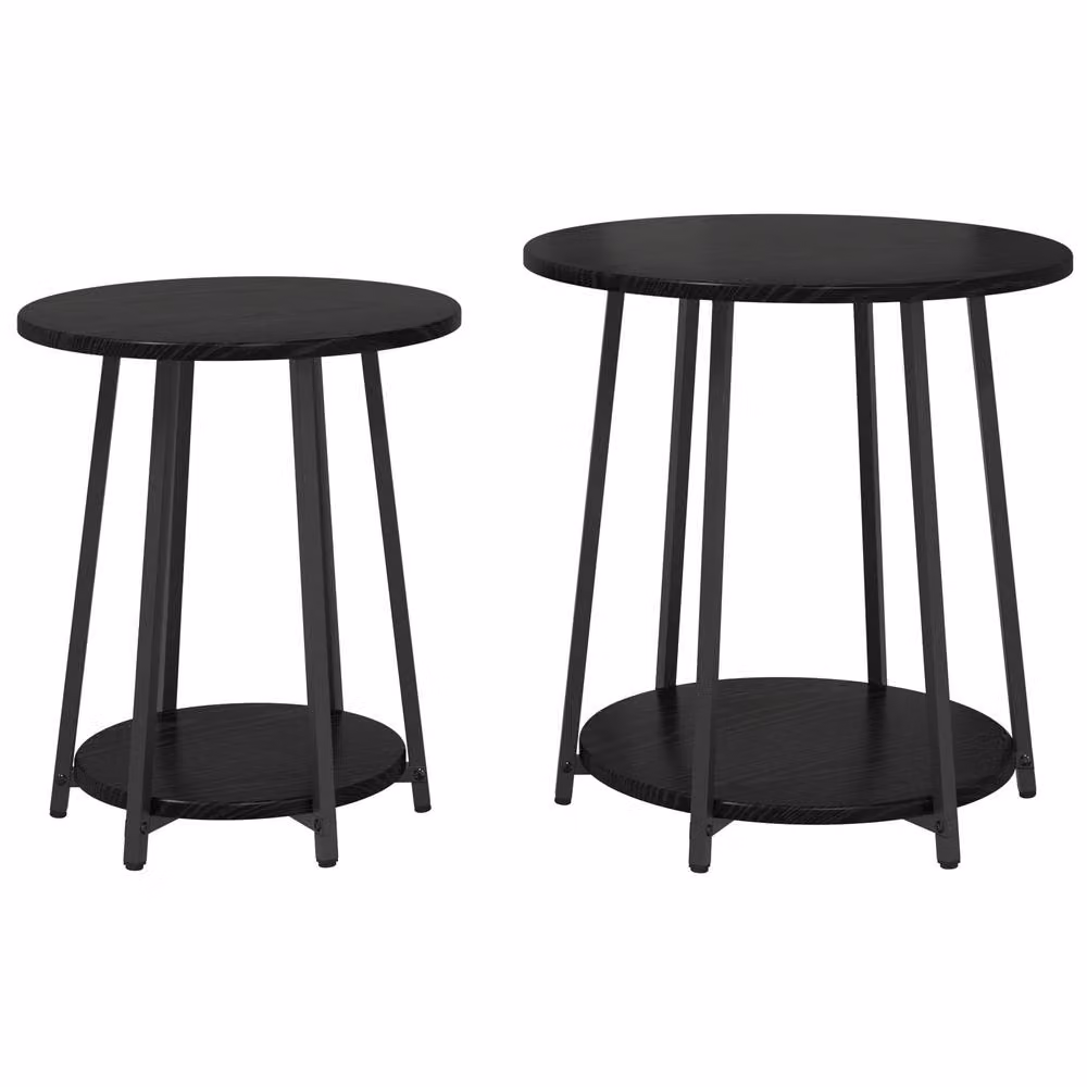 Berkfield Home Set of 2 Round Modern Side Tables in Black Oak and Metal – 2