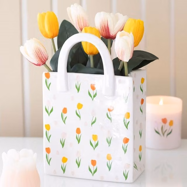 Kingsbury Gifts White Ceramic Bag-Shaped Floral Vase with Tulip Print