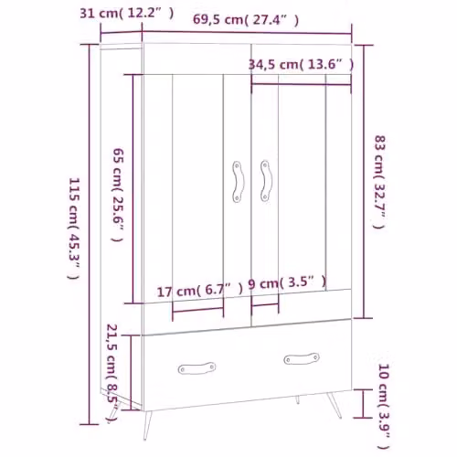vidaXL Modern Grey Highboard in Engineered Wood W/D/H: 69.5 x 31.0 x 115.0 cm – 3