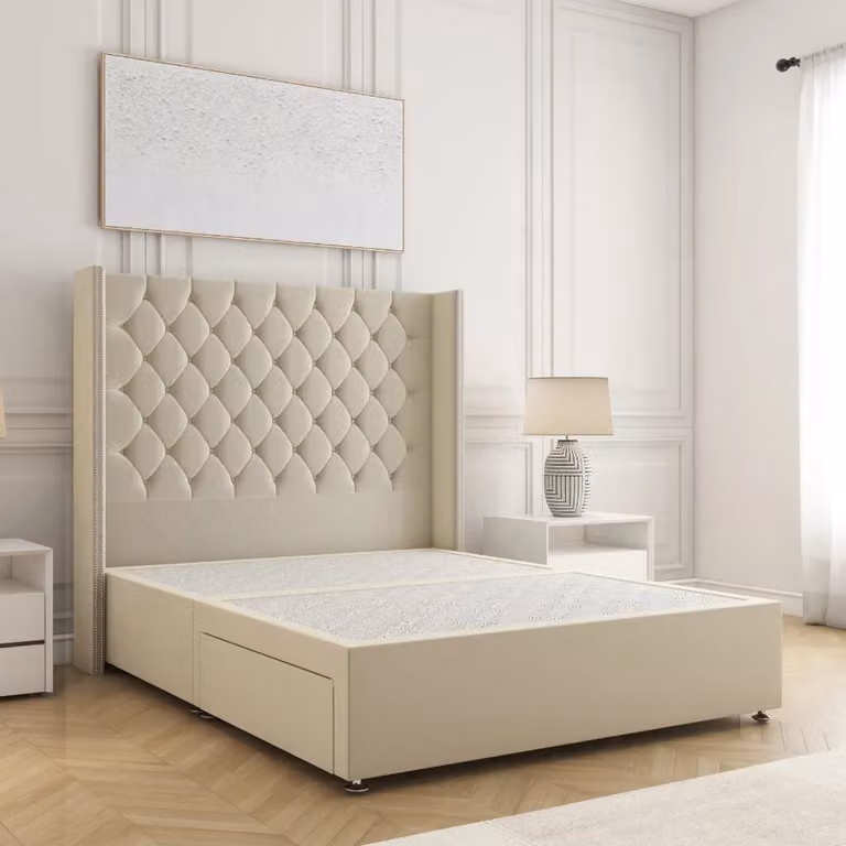 BSSPOKE Olivia Plush Divan Bed with 54 inch Headboard and 2 Drawers in Beige, Small Double, W/D/H: 120 x 200 x 30.48 cm