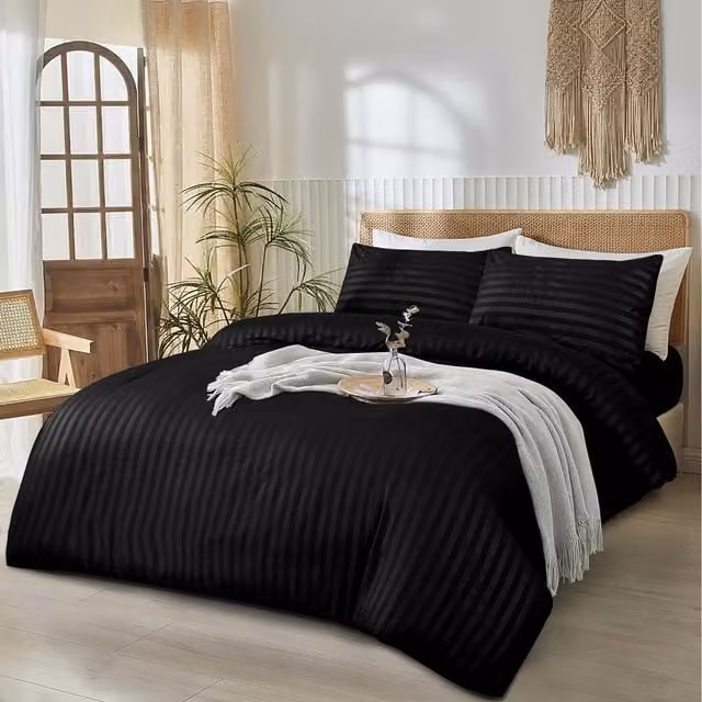 Cotton Passion 3-Piece Striped Duvet Cover and Pillowcase Set, Black, W: 180 cm x L: 200 cm