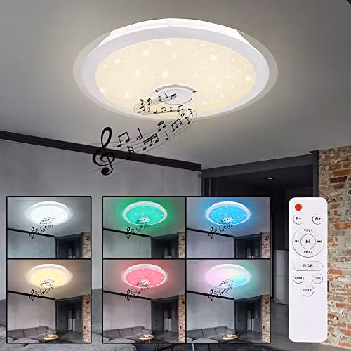 Globo Lighting Netlighting Dimmable LED Ceiling Light with Remote Control and Bluetooth, Chrome, D x H: 43 x 10.5 cm