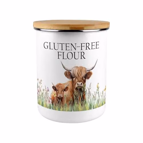 Purely Home Floral Enamel Flour Canister with Bamboo Lid in Brown and White