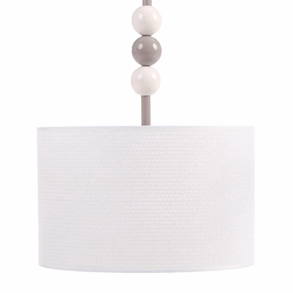 Wyld and Coco Mid-Century Suspended Pendant Lamp with Beige Fabric Drum Shade and Metal Frame – 2